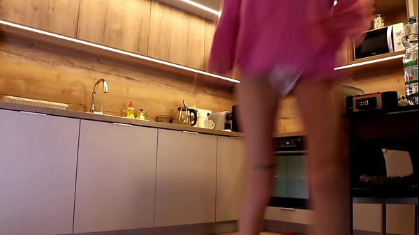 Hot petite skinny blonde girlfriend is in the kitchen teases me with her pink pull over