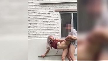 Hot skinny girl fucks standing up outdoors with horny neighbor