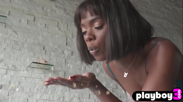 Horny ebony babe Ana Foxxx massage her wet black pussy after hot posing