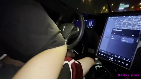 Riding cowgirl after date night on way home tesla autopilot car sex