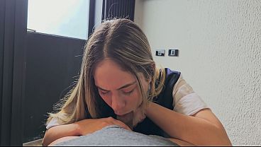 A uniformed student arrives home late and her stepfather punishes her by spanking her.